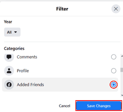 Facebook Activity log filter window